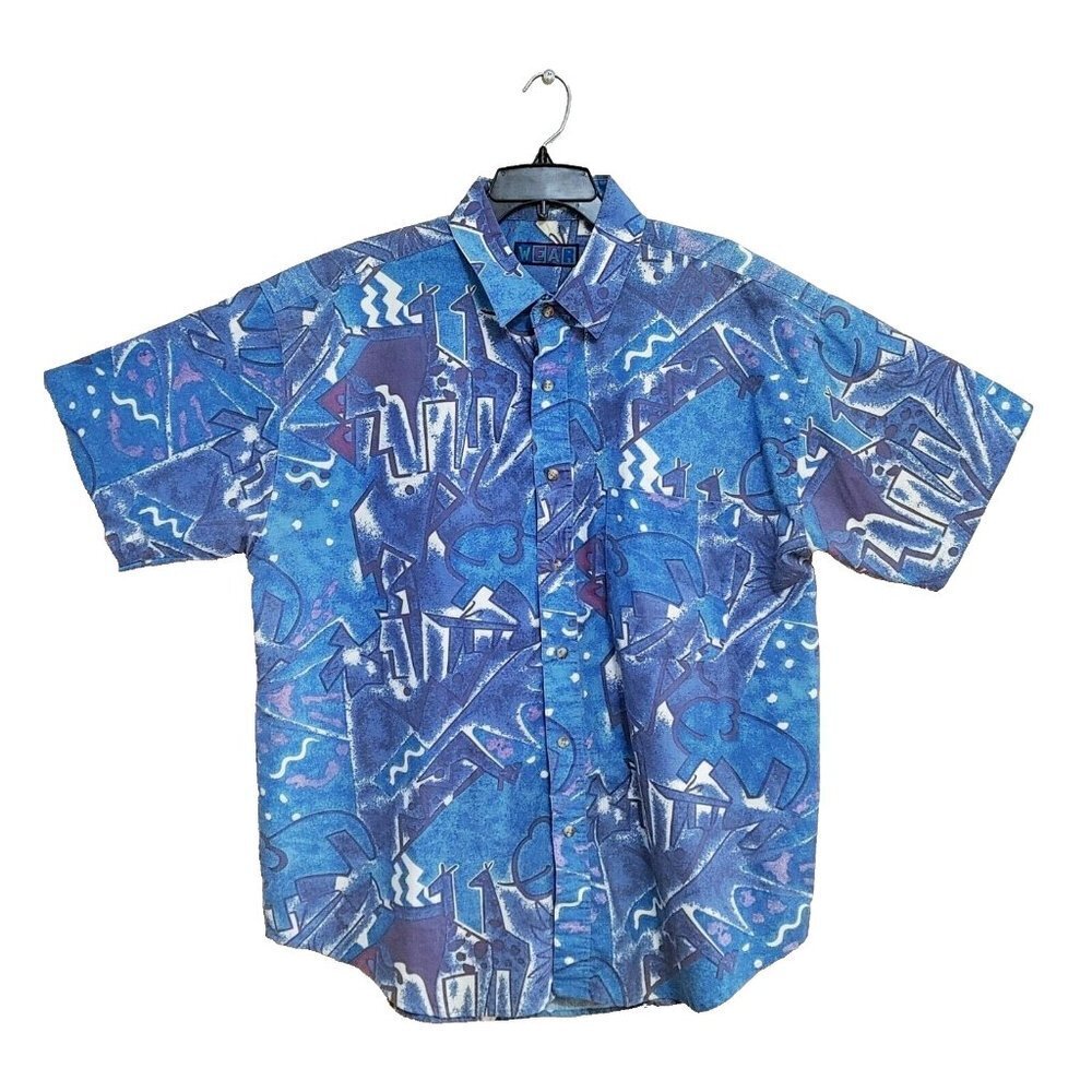WEAR Hawaiian Shirt Size 2XL Blue Short Sleeve Polyester  Blend Vintage